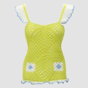 Cider Neon Green Square Neck Sleeveless Hollow Out Crochet Sweater Tank Top M